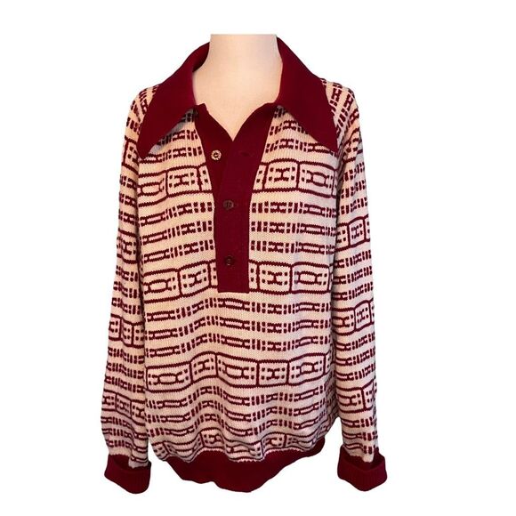 Vintage 70s Donegal Pointed Collared Sweater Burgundy Cream Knit Pattern L - Picture 1 of 6